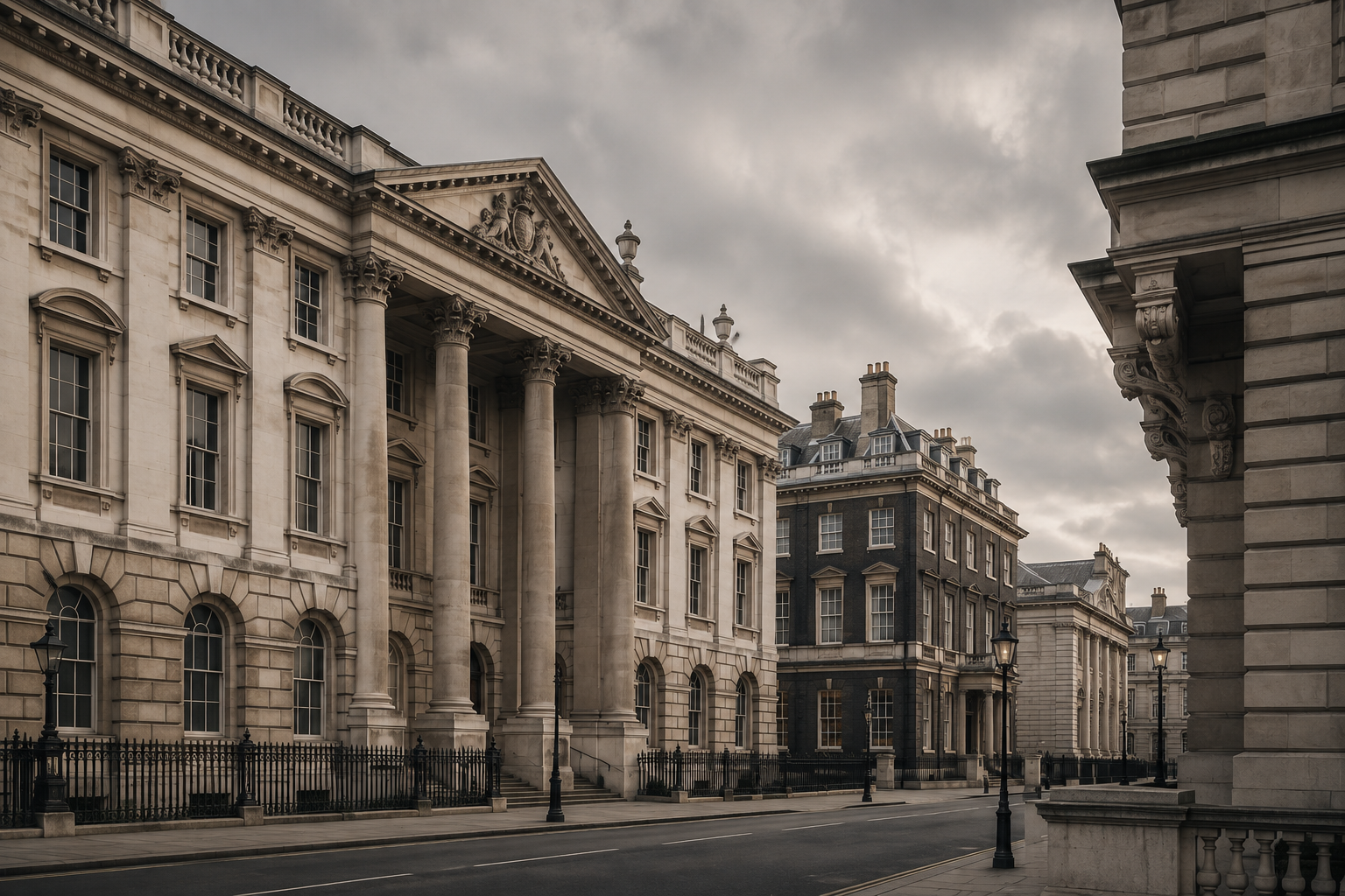 Classical stone institutions on a quiet London street