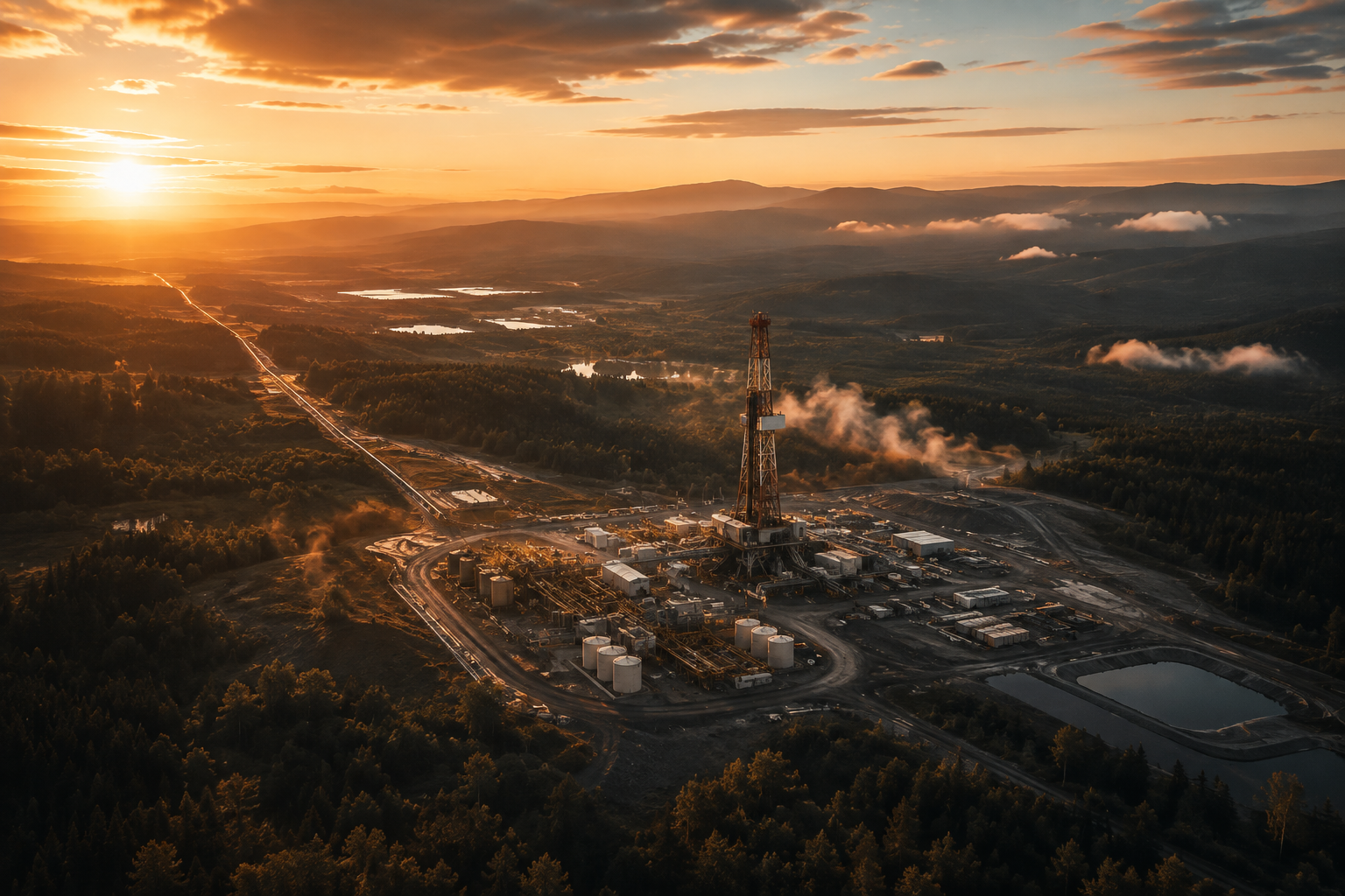 Aerial view of a drilling operation in forested hills at dusk