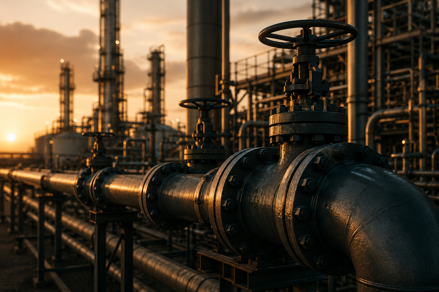 Industrial pipework and valves at dusk