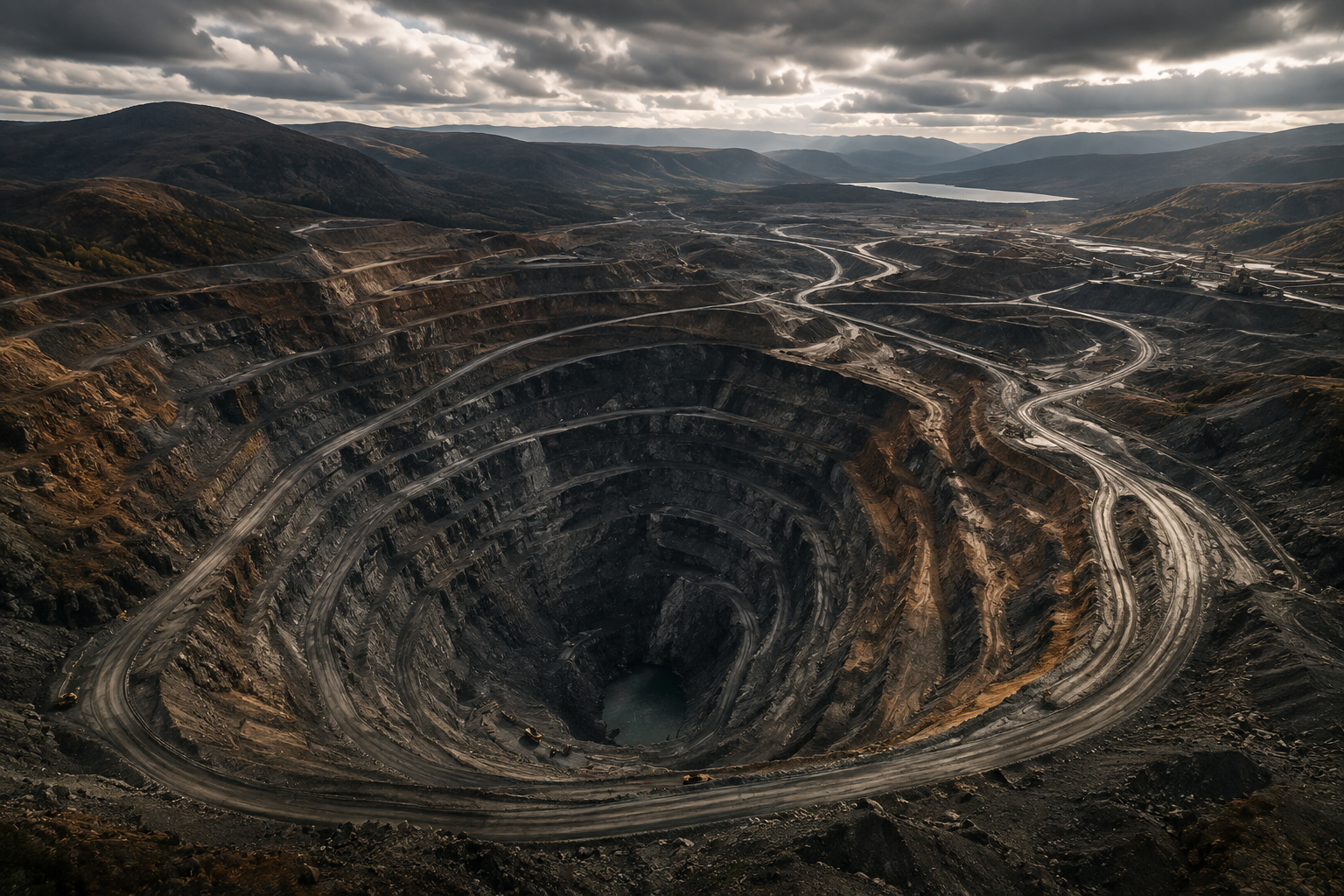 Terraced open-pit mine within a mountain landscape