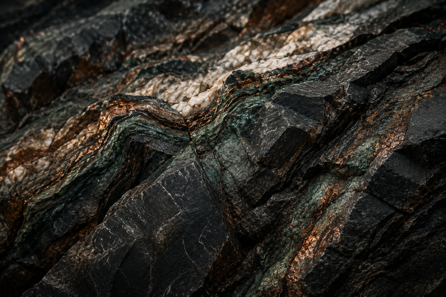 Layered dark rock threaded with copper-toned mineral seams