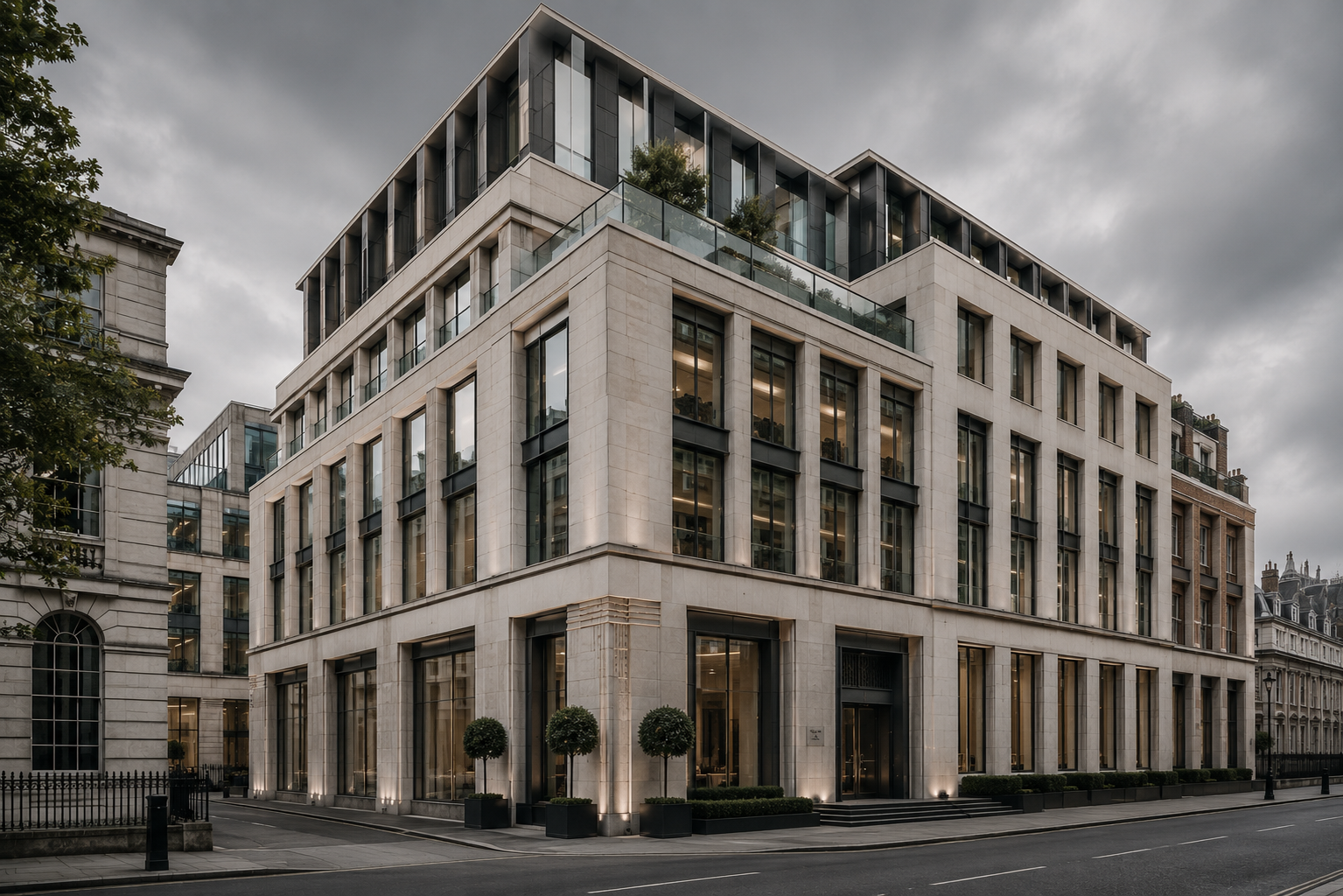 Stone-clad London building on a corner street