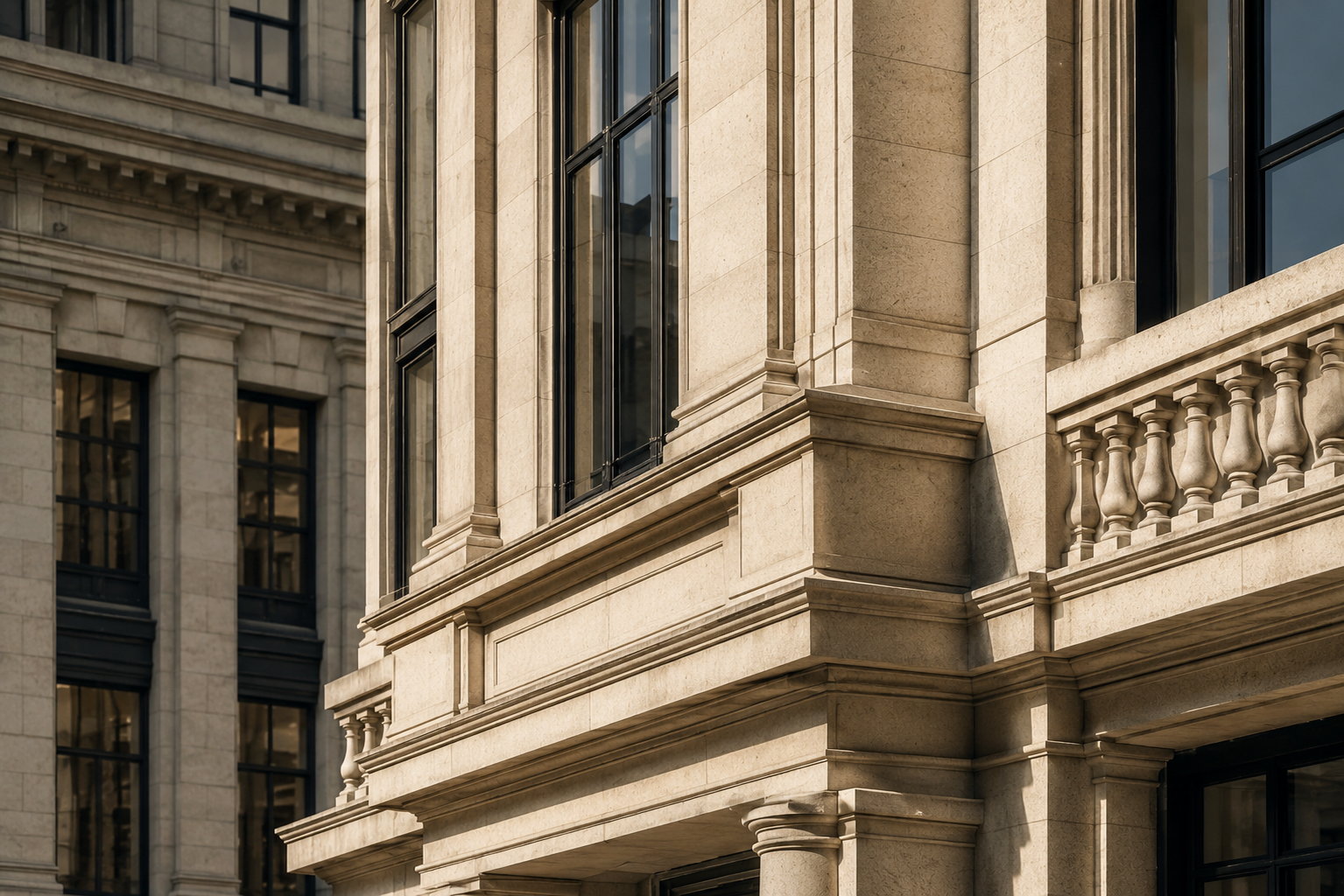 Carved limestone detail and dark window frames of a classical facade
