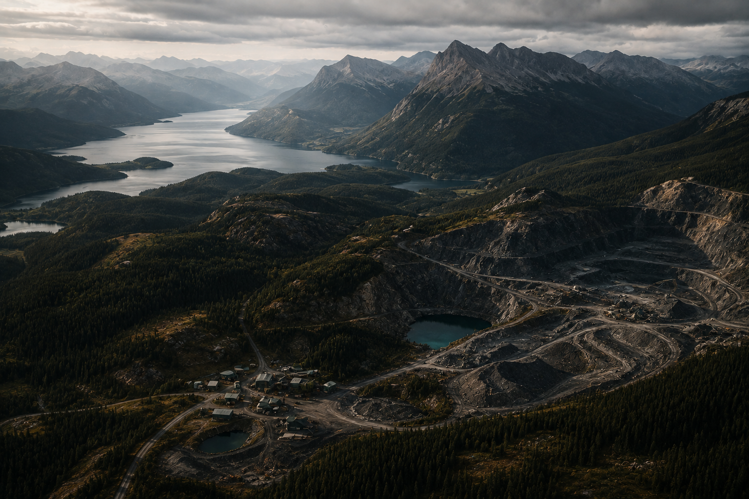 Aerial view of mountains, water and a resource operation