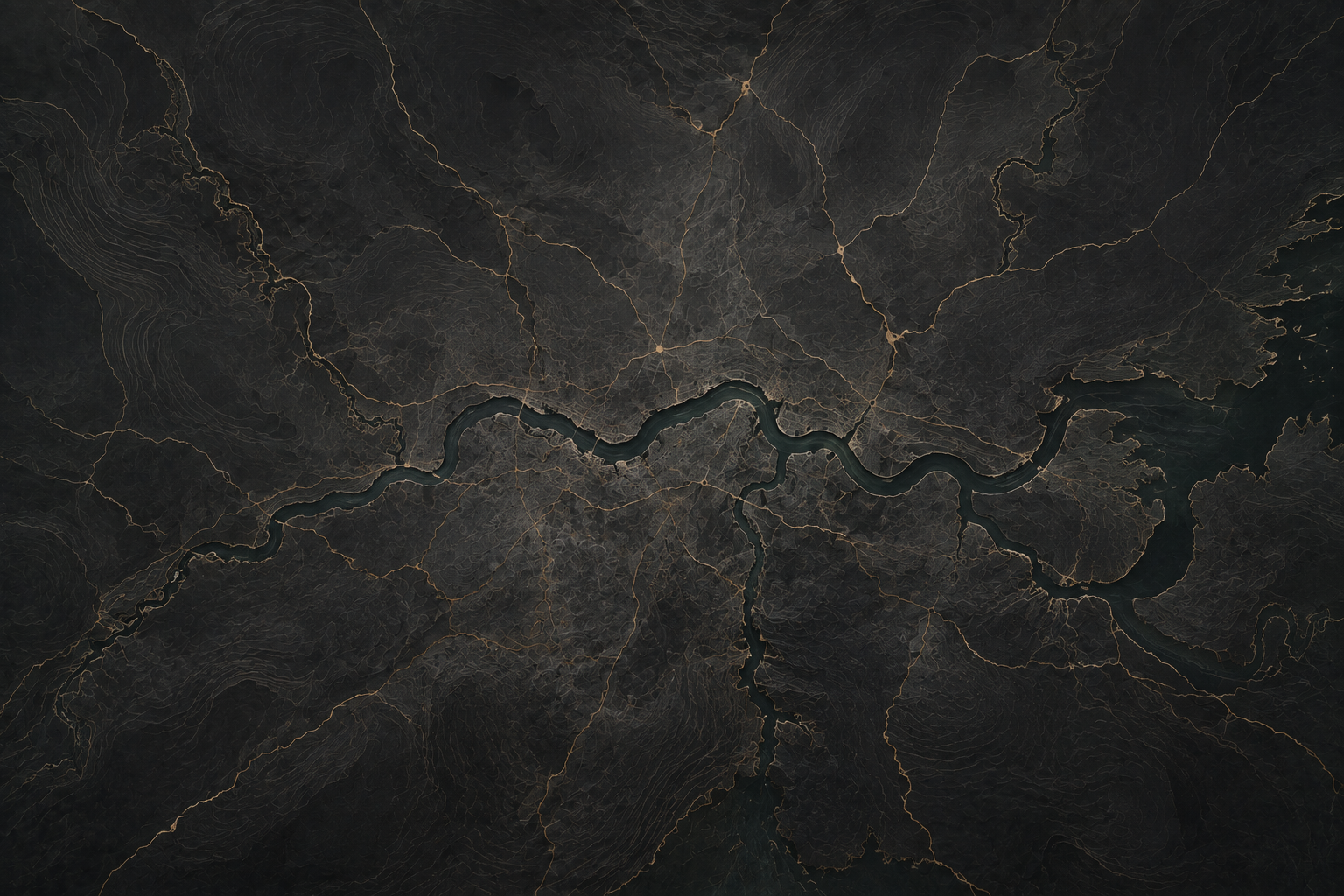 Dark topographic map of London traced in brass lines along the Thames